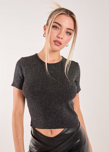 Pink Vanilla Black Glitter Metallic Crew Neck Top