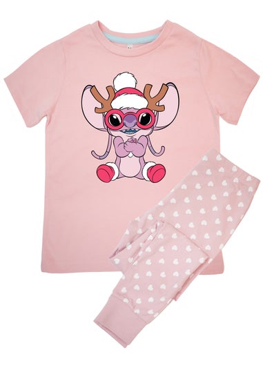 Disney Lilo & Stitch Christmas Look Kids Pink Hearts Pyjamas (3-6 Years)