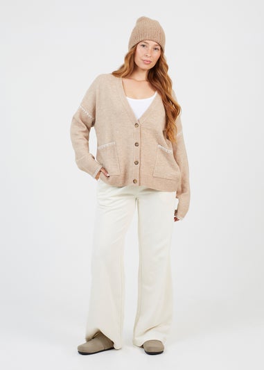 Brave Soul Tan Contrast Stitch Button Through V-neck Cardigan