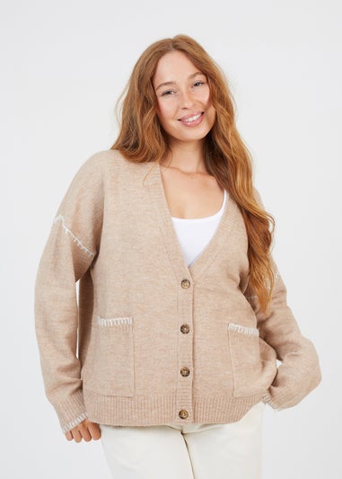 Brave Soul Tan Contrast Stitch Button Through V-neck Cardigan