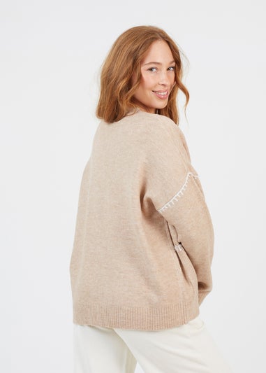 Brave Soul Tan Contrast Stitch Button Through V-neck Cardigan