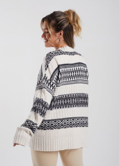 Brave Soul Stone Button Through Fairisle Stripe Cardigan