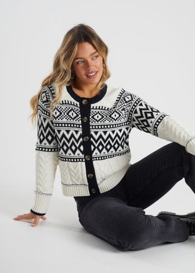 Brave Soul Cream Button Through Fairisle Cable Knit Cardigan