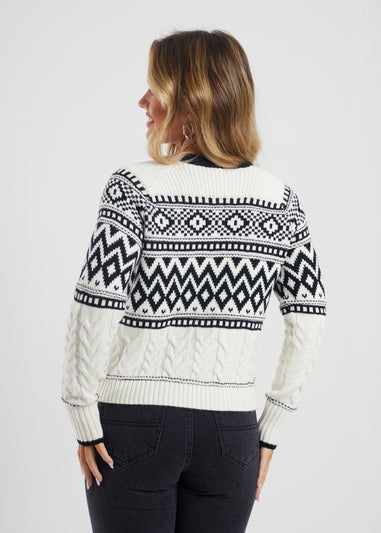 Brave Soul Cream Button Through Fairisle Cable Knit Cardigan