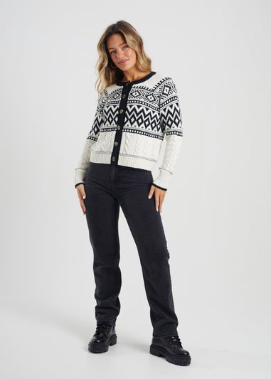 Brave Soul Cream Button Through Fairisle Cable Knit Cardigan