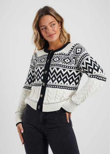 Brave Soul Cream Button Through Fairisle Cable Knit Cardigan