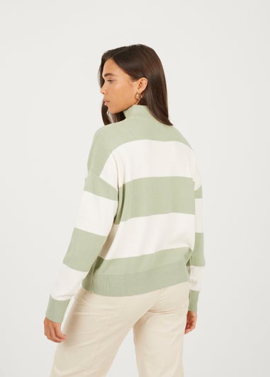 Brave Soul Soft Green Striped Half Zip Knitted Jumper