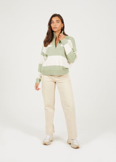Brave Soul Soft Green Striped Half Zip Knitted Jumper