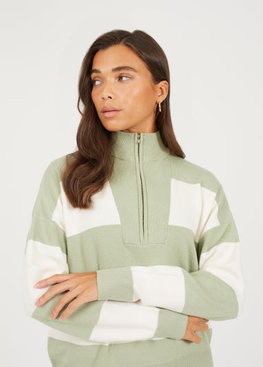 Brave Soul Soft Green Striped Half Zip Knitted Jumper