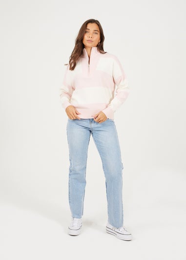 Brave Soul Pink Striped Half Zip Knitted Jumper