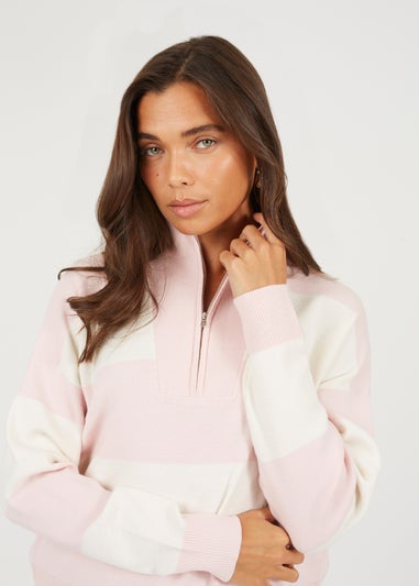 Brave Soul Pink Striped Half Zip Knitted Jumper