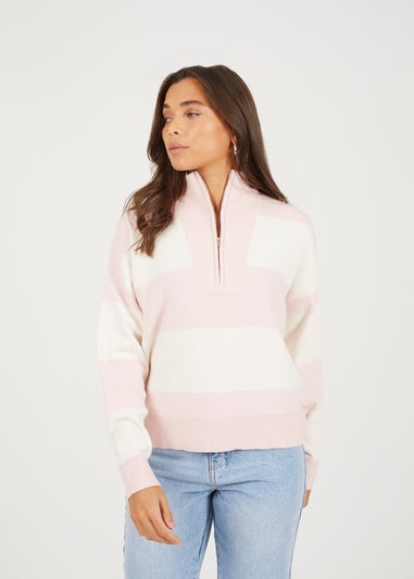 Brave Soul Pink Striped Half Zip Knitted Jumper