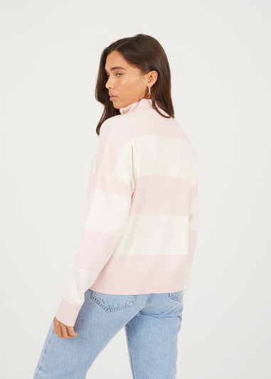 Brave Soul Pink Striped Half Zip Knitted Jumper