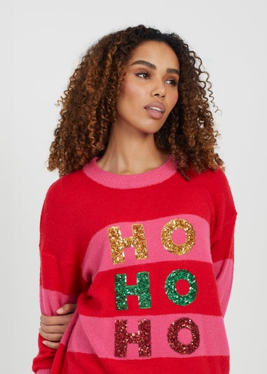 Brave Soul Red Sequin Slogan Christmas Jumper