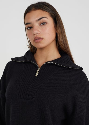 Brave Soul Black Oversized Zip Collar Knitted Jumper