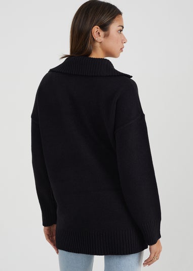 Brave Soul Black Oversized Zip Collar Knitted Jumper