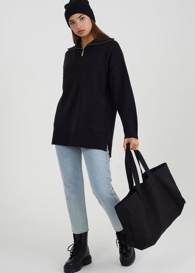 Brave Soul Black Oversized Zip Collar Knitted Jumper