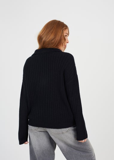 Brave Soul Black Ribbed Trophy Neck Knited Jumper