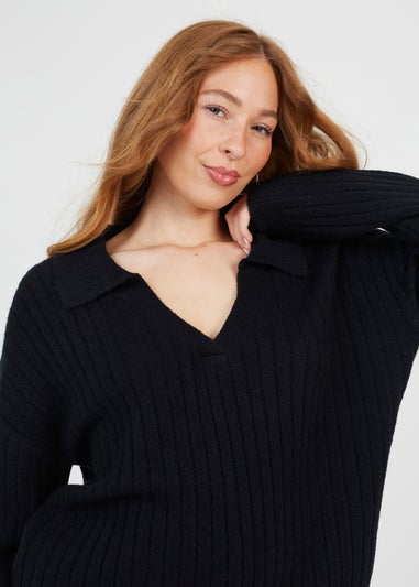 Brave Soul Black Ribbed Trophy Neck Knited Jumper