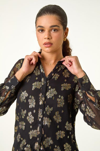 Roman Black Metallic Floral Print Button Blouse