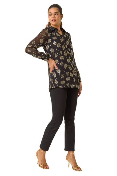 Roman Black Metallic Floral Print Button Blouse