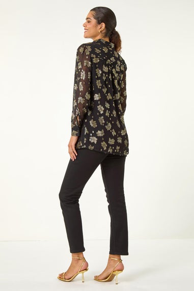 Roman Black Metallic Floral Print Button Blouse