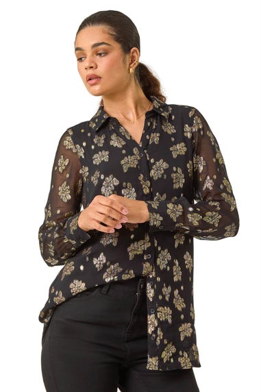 Roman Black Metallic Floral Print Button Blouse