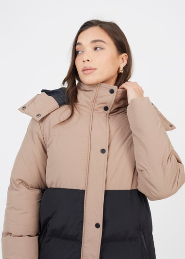 Brave Soul Tan Maxi Contrast Hooded Puffer Jacket