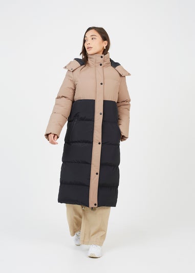 Brave Soul Tan Maxi Contrast Hooded Puffer Jacket