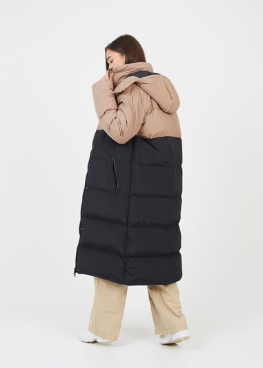 Brave Soul Tan Maxi Contrast Hooded Puffer Jacket