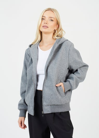 Brave Soul Grey Faux Wool Hooded Bomber Jacket