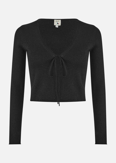 Yumi Black Metallic Knitted Ribbed Tie Front Bolero