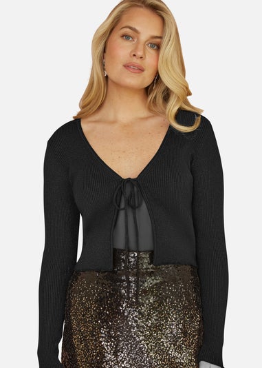 Yumi Black Metallic Knitted Ribbed Tie Front Bolero