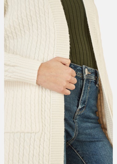 Yumi Ivory Cable Knit Edge to Edge Long Cardigan With Pockets