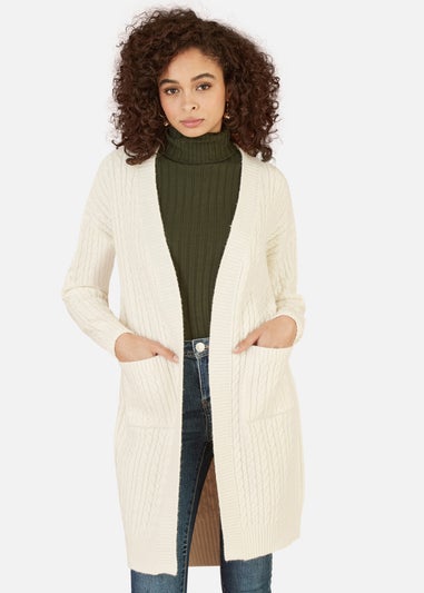 Yumi Ivory Cable Knit Edge to Edge Long Cardigan With Pockets