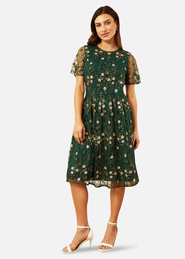 Yumi Green Embroidered Floral Skater Dress