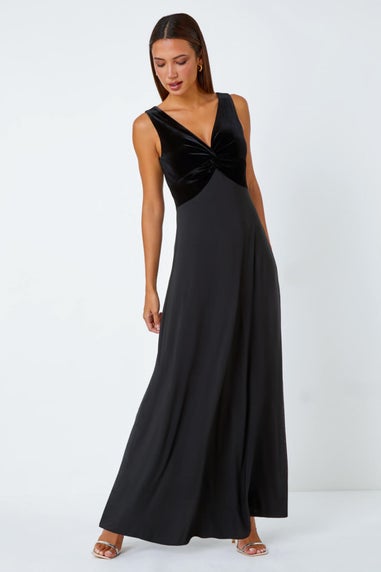 Roman Black Velvet Twist Front Maxi Stretch Dress