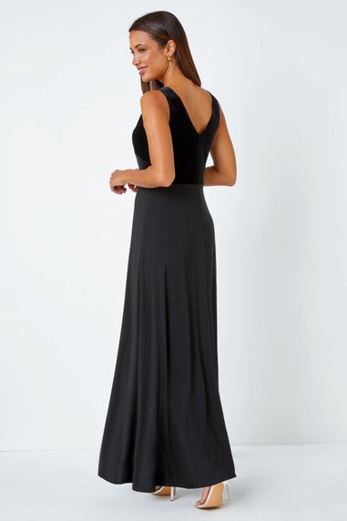 Roman Black Velvet Twist Front Maxi Stretch Dress