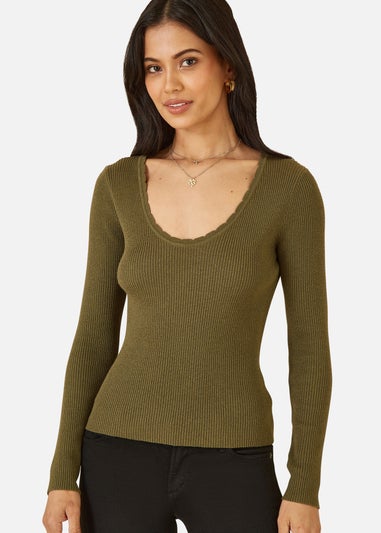 Yumi Green Metallic Knitted Ribbed Top