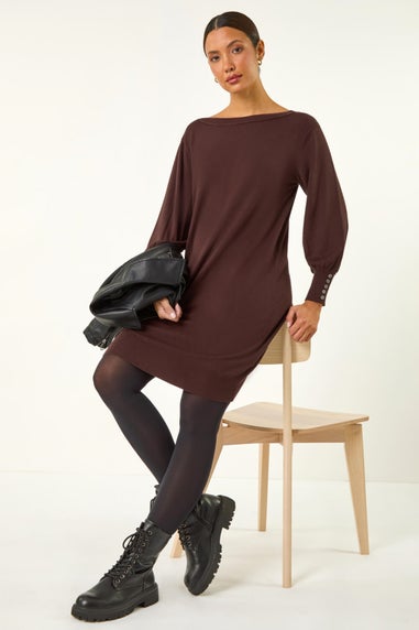 Roman Chocolate Button Detail Slash Neck Knitted Stretch Dress