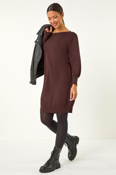 Roman Chocolate Button Detail Slash Neck Knitted Stretch Dress