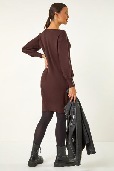 Roman Chocolate Button Detail Slash Neck Knitted Stretch Dress