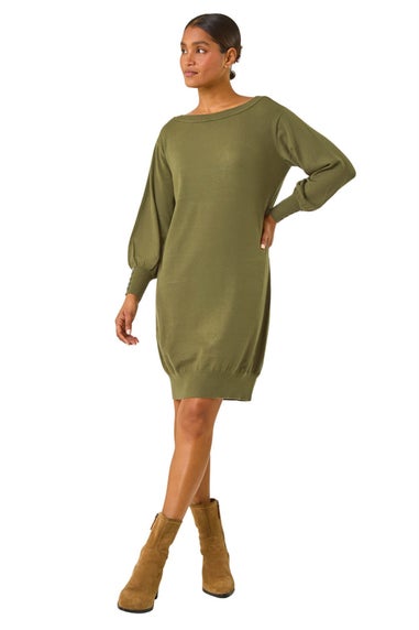 Roman Khaki Button Detail Slash Neck Knitted Stretch Dress