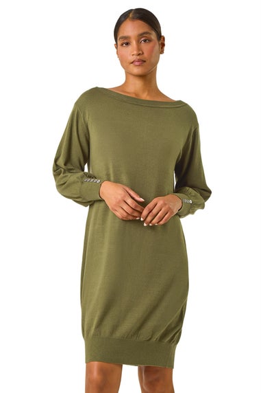 Roman Khaki Button Detail Slash Neck Knitted Stretch Dress