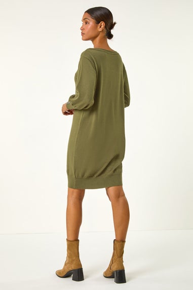 Roman Khaki Button Detail Slash Neck Knitted Stretch Dress