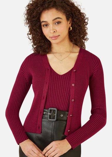 Yumi Burgundy Metallic Rib Knitted Cardigan