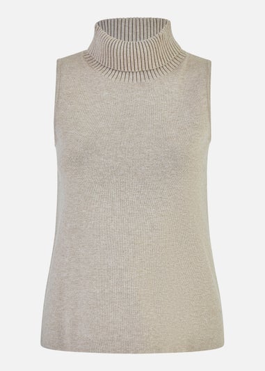 Yumi Beige Knitted Roll Neck Sleeveless Jumper