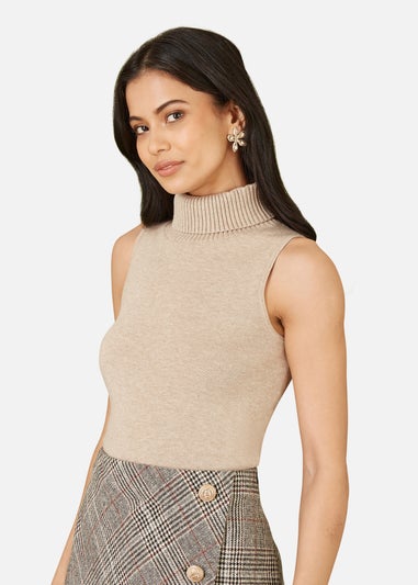 Yumi Beige Knitted Roll Neck Sleeveless Jumper