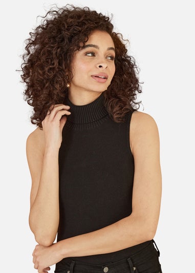 Yumi Black Knitted Roll Neck Sleeveless Jumper