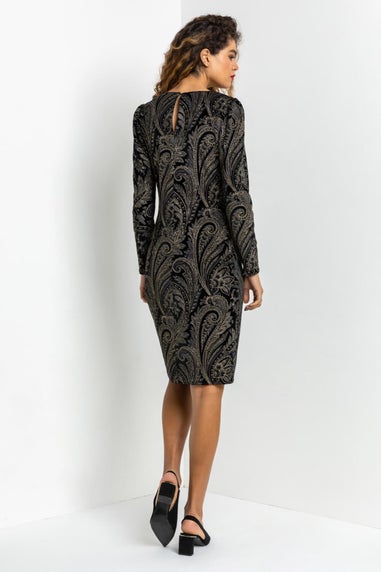 Roman Black Shimmer Paisley Velvet Shift Dress